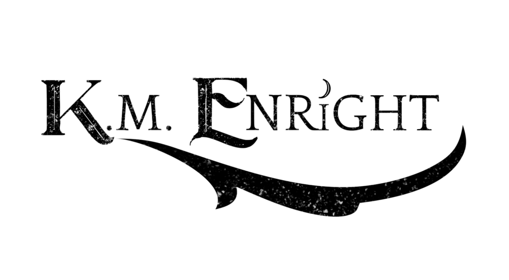 Black K.M. Enright logo featuring stylized lettering and an elegant sweeping flourish beneath the name.