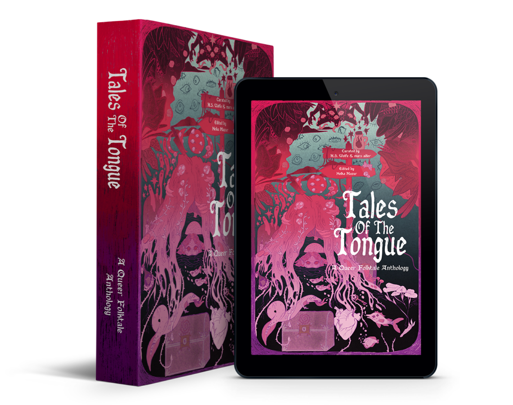 3D mockup of the book Tales of the Tongue: A Queer Folktale Anthology, shown as a paperback book alongside a tablet displaying the cover. The cover features a surreal, colorful illustration in pink, red, purple, and teal, with fantastical creatures, plants, fish, and a treasure chest.