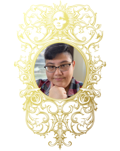 Portrait of author K.M. Enright wearing glasses and a red-and-gray plaid shirt, framed by an ornate gold Art Nouveau-style border featuring a sun motif and intricate swirling flourishes.